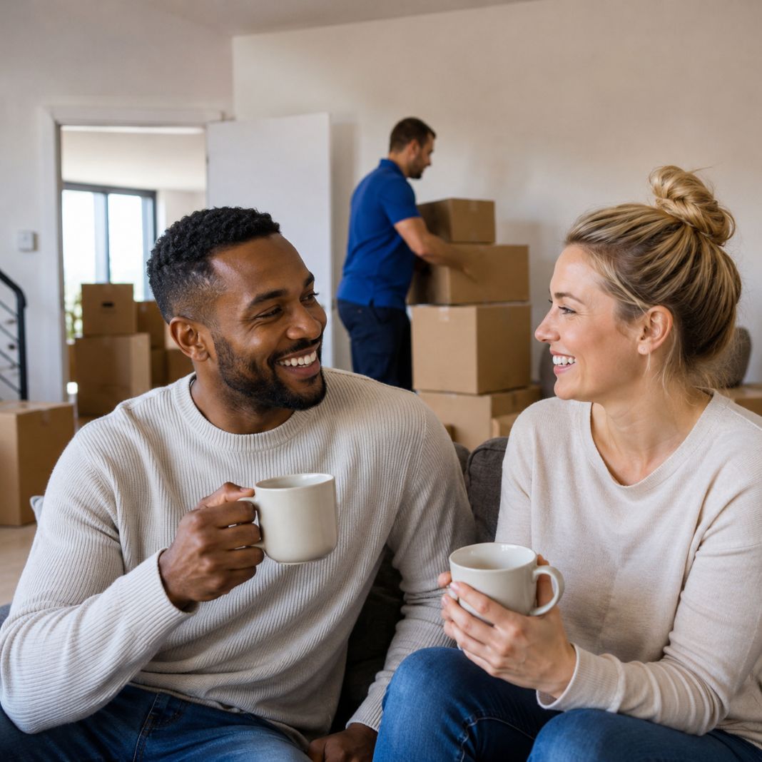 A photo of a couple enjoying a cup of tea while their house is being moved by professional removal men - Illustrative Image