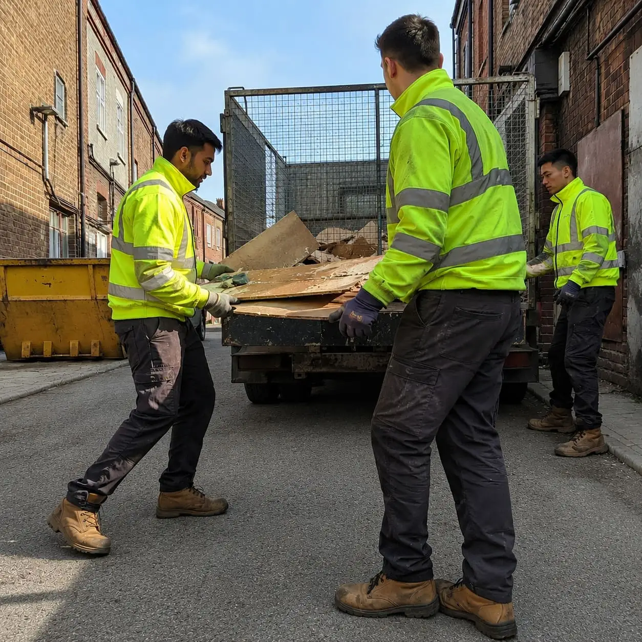 Alleyway construction waste removal team loading debris - Rubbish Removal Service