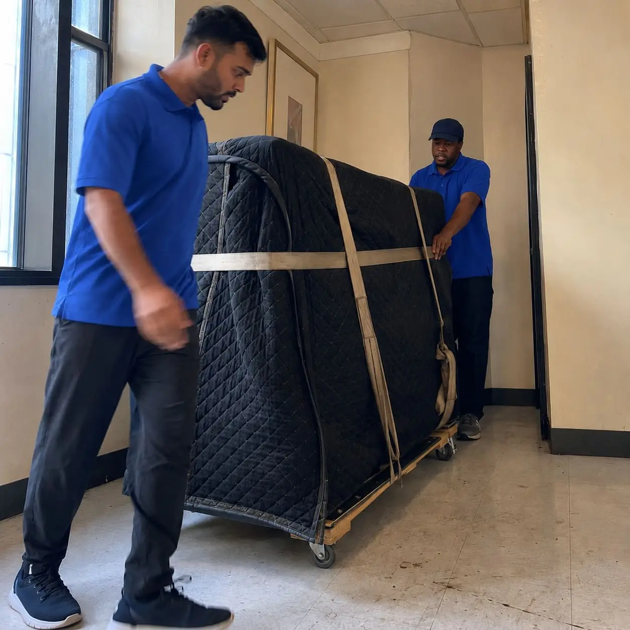 Careful upright piano moving through narrow hallways - Piano Moving Service