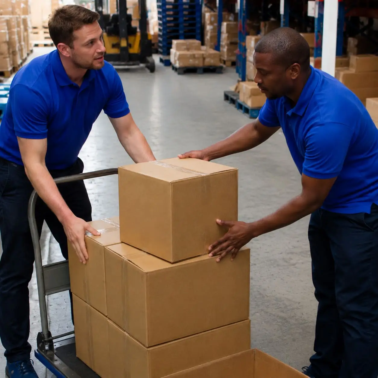 Commercial removal men stacking cardboard boxes on hand truck – Commercial Moving Service