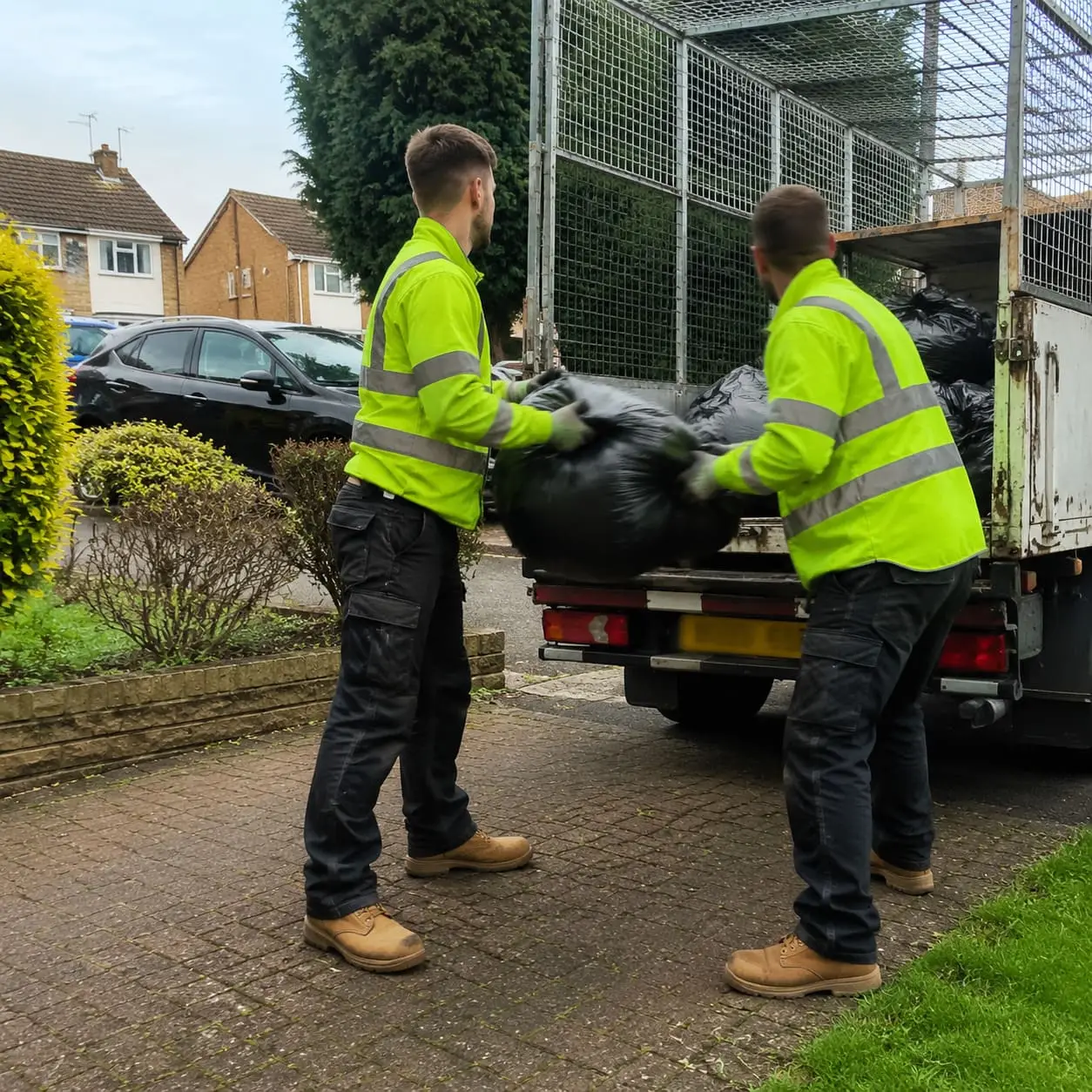 Driveway rubbish collection with workers in hi vis – Rubbish Removal Service