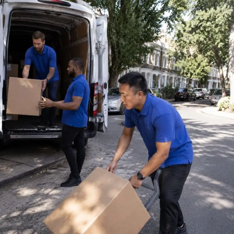 Efficient residential delivery team unloading boxes on street - Home Moving Service