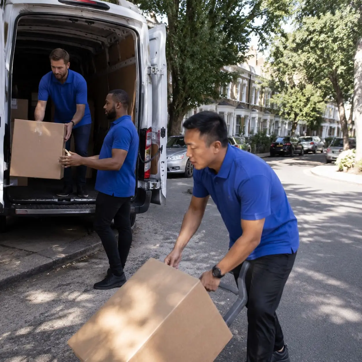 Efficient residential delivery team unloading boxes on street - Home Moving Service