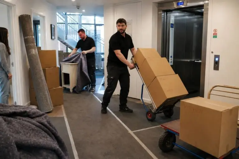 GT Removals movers transporting boxes in modern apartment hallway - Apartment Moving Service