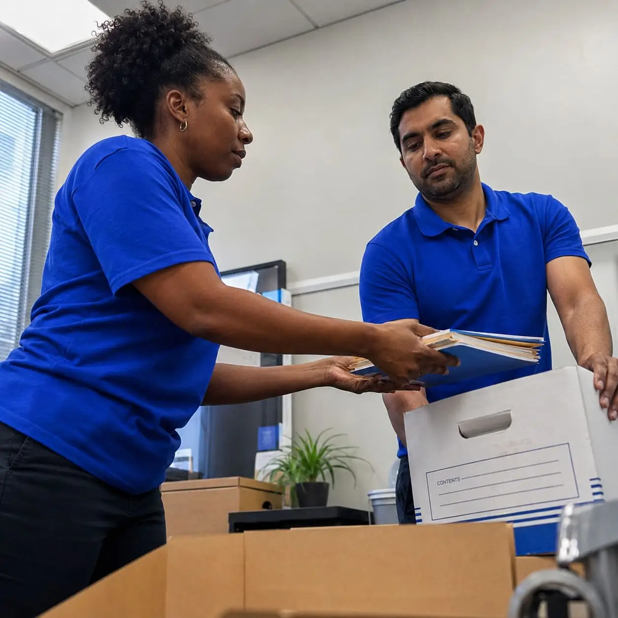Office relocation staff organising files and packing boxes during move – Packing Services