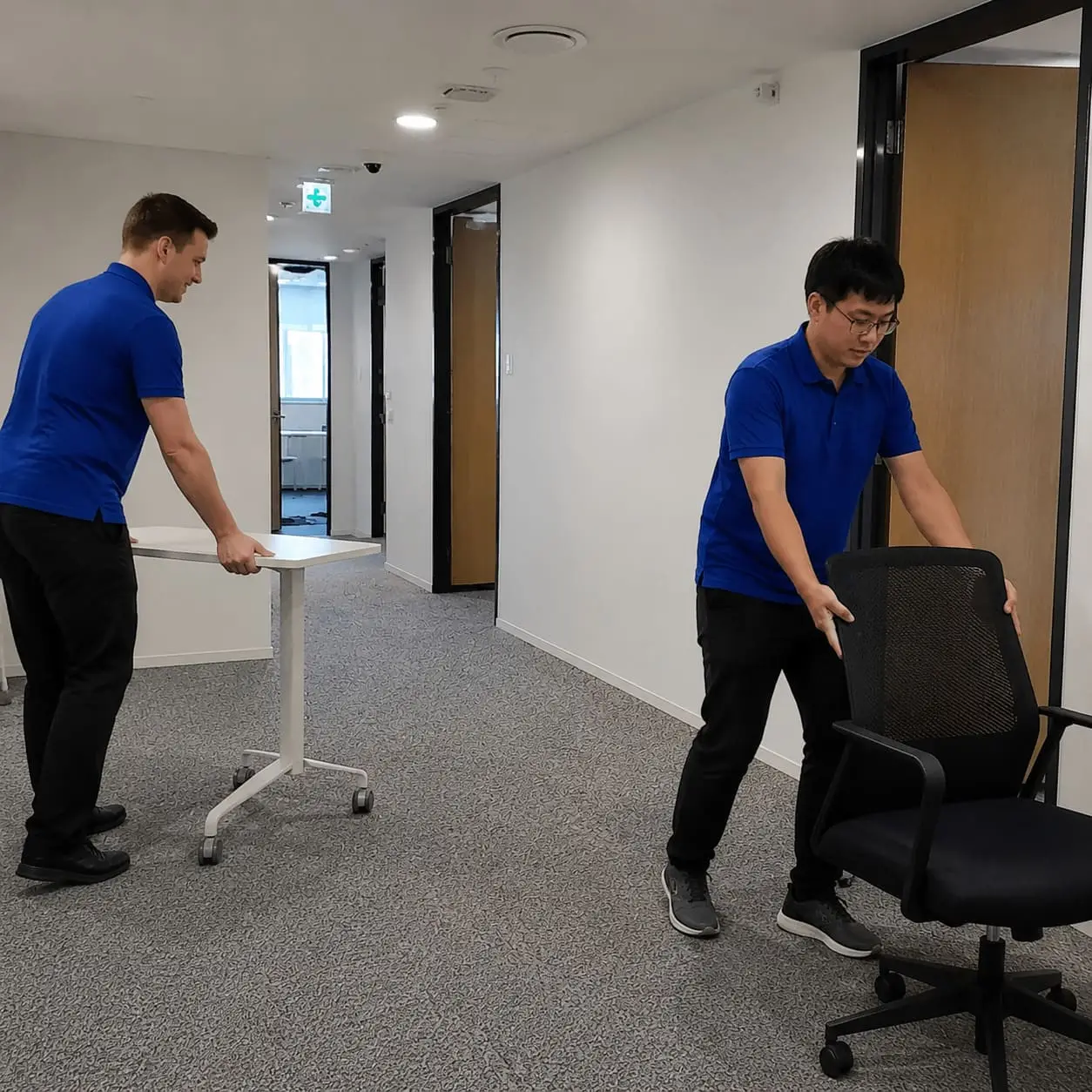 Office removal staff moving chairs and desks in corridor - Office Mover Service
