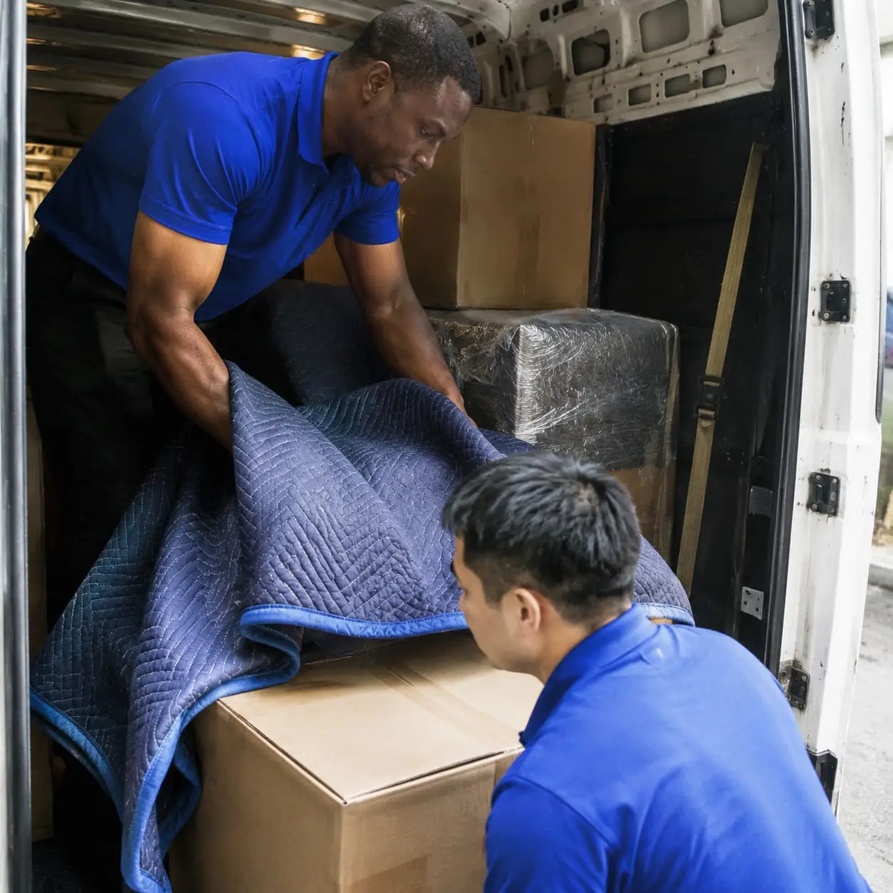 Professional movers carefully securing boxes for safe transport – Moving Services