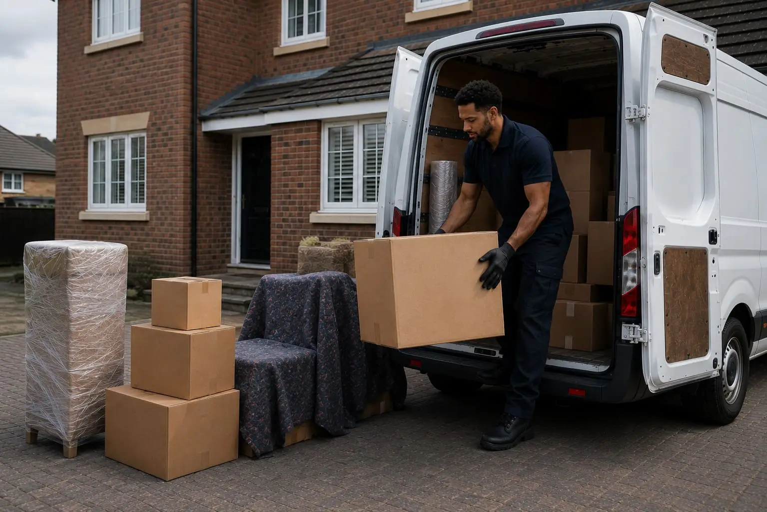 Professional movers unloading van outside detached UK home with moving boxes – Home Moving Service