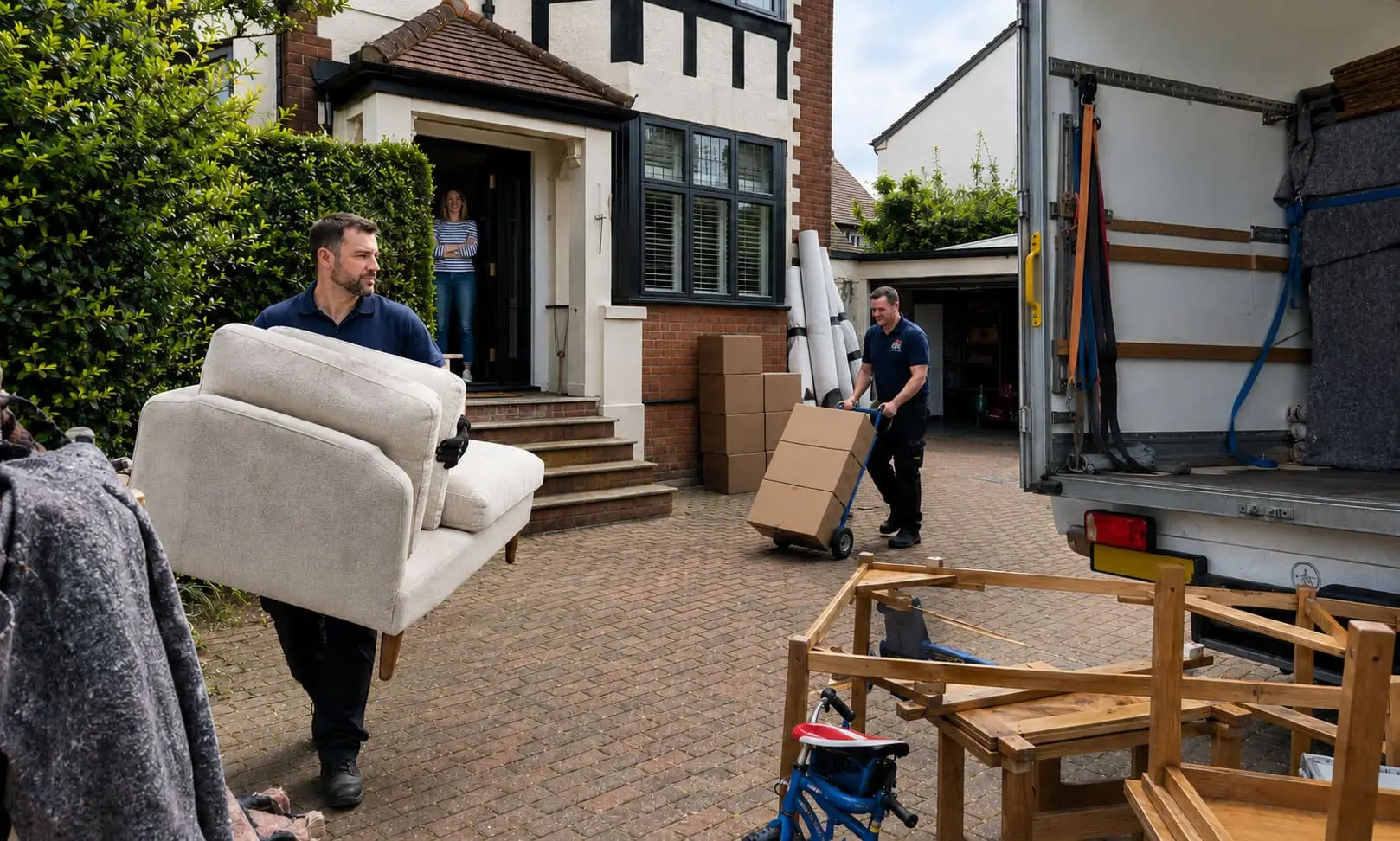 Removals team moving furniture and boxes at suburban home - Home Removal Service