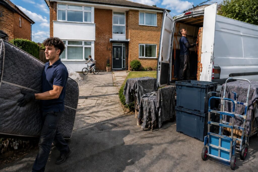 Suburban house moving scene with movers, van, and crates - House Removal Service