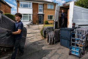 Suburban house moving scene with movers, van, and crates - House Removal Service