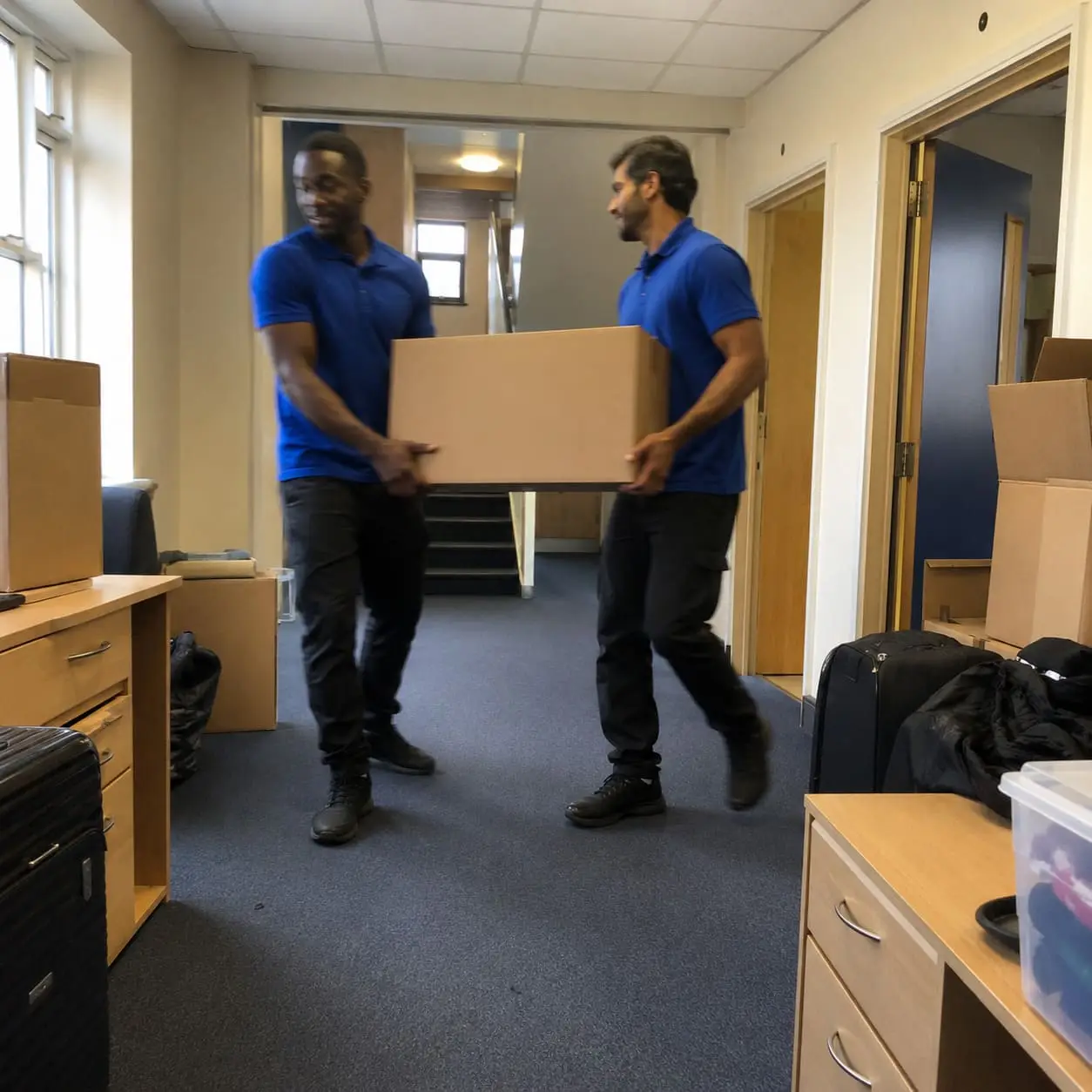 University corridor move out with staff carrying boxes – Student Removal Service