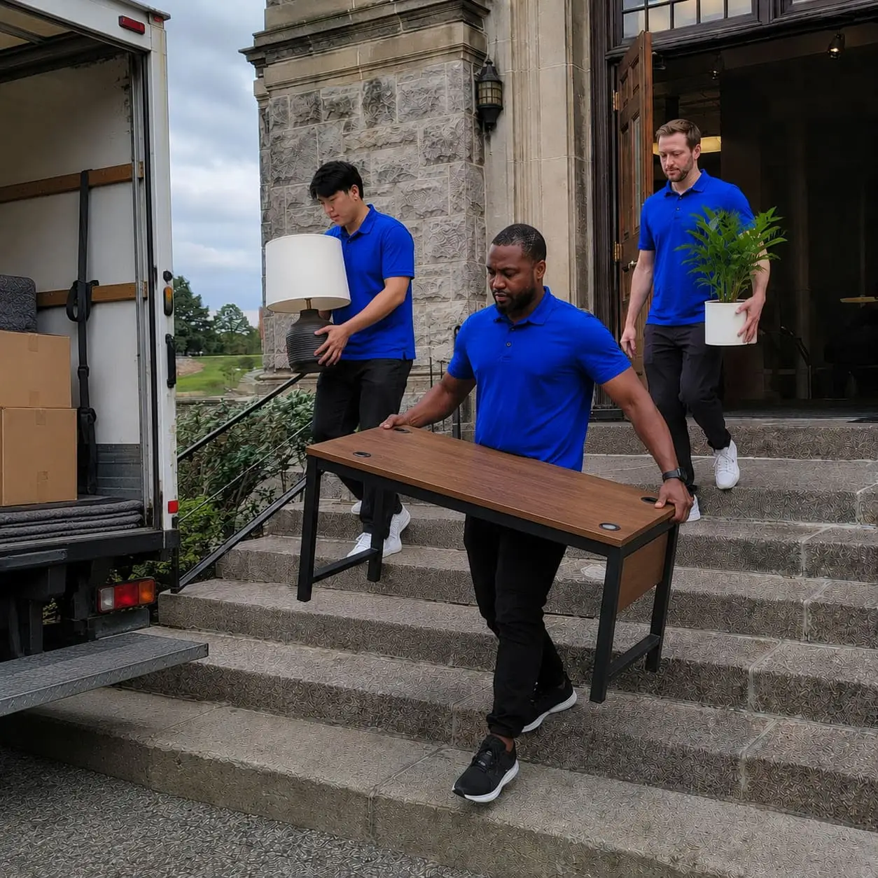 University staff carefully moving furniture into removal van – Student Moving Service