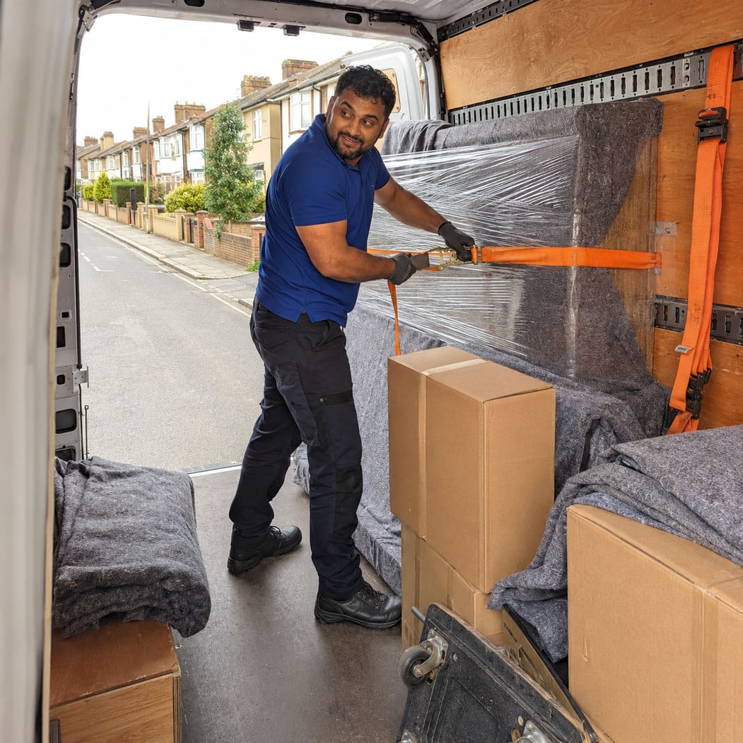 Man and van securing items for transport in back of the van