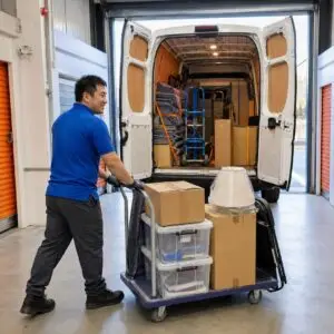 Man and van worker moving stacked storage crates on trolley.