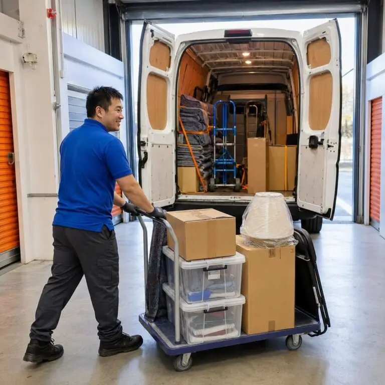 Man and van worker moving stacked storage crates on trolley.