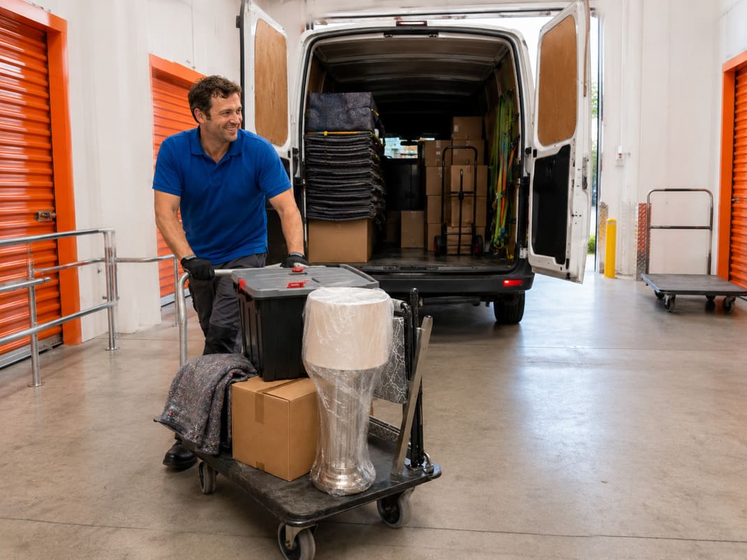 Man and van worker pushing loaded trolley inside self storage facility.
