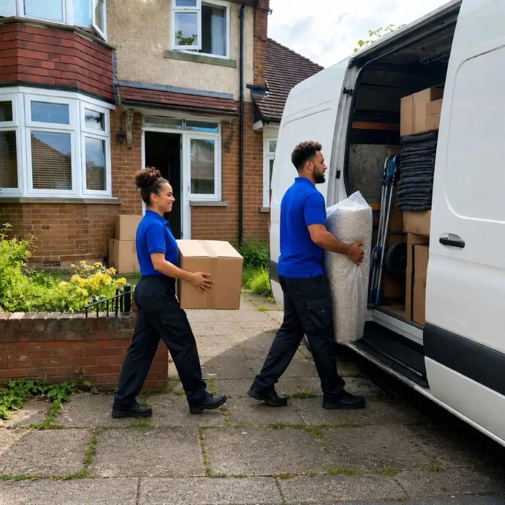 Two removal workers moving a house - Illustrative Image