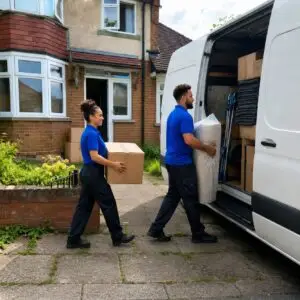 Two removal workers moving a house - Illustrative Image