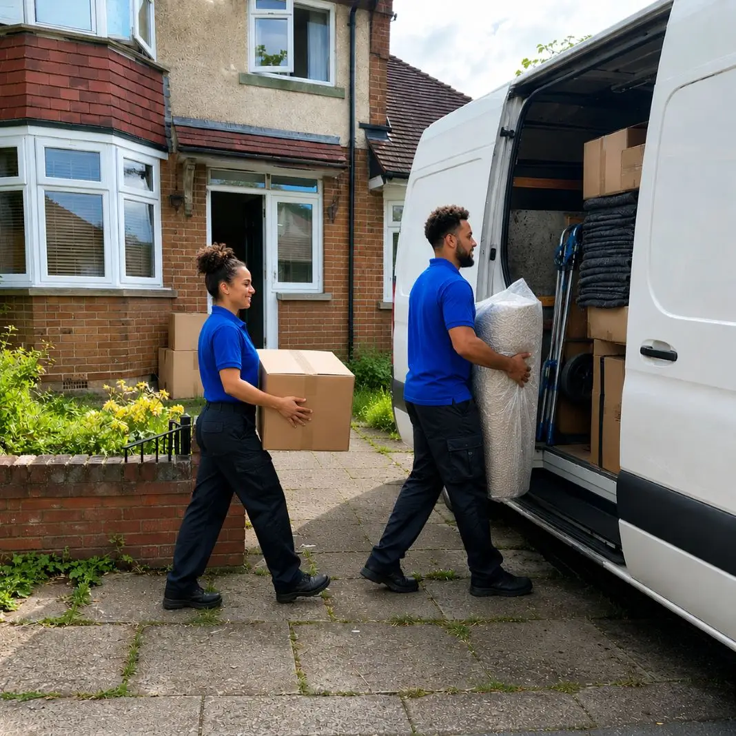 Two removal workers moving a house - Illustrative Image