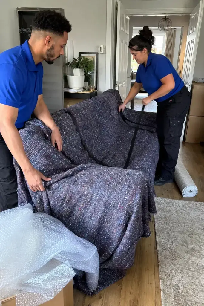 Wrapping a fabric sofa in thick protective moving blankets before loading it for a house move - Illustrative Image