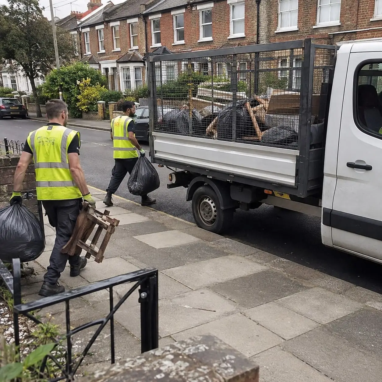 Bulky waste removal worker carrying furniture beside a London rubbish truck