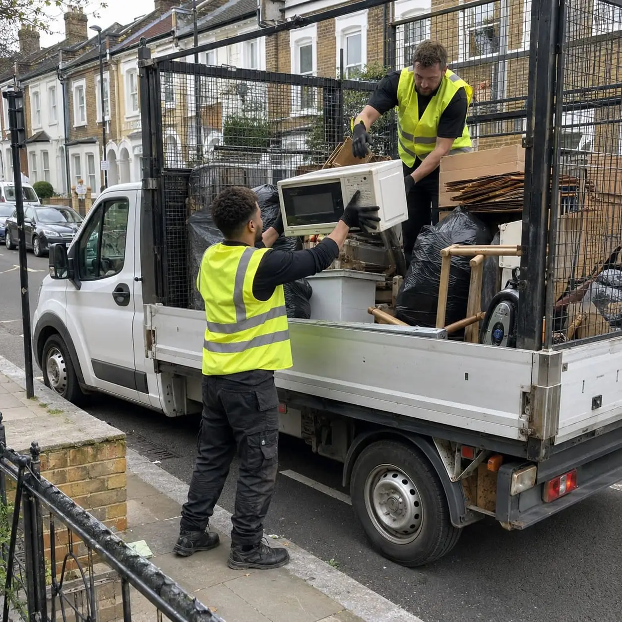 Household rubbish clearance worker loading old furniture into a caged truck