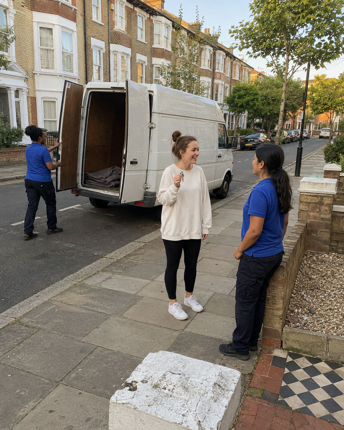 London student discussing move with removal crew beside van