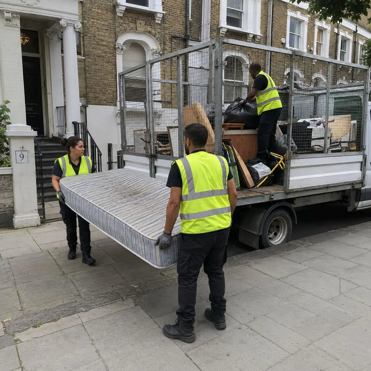 Mattress removal workers loading bulky waste into a caged truck
              loading=