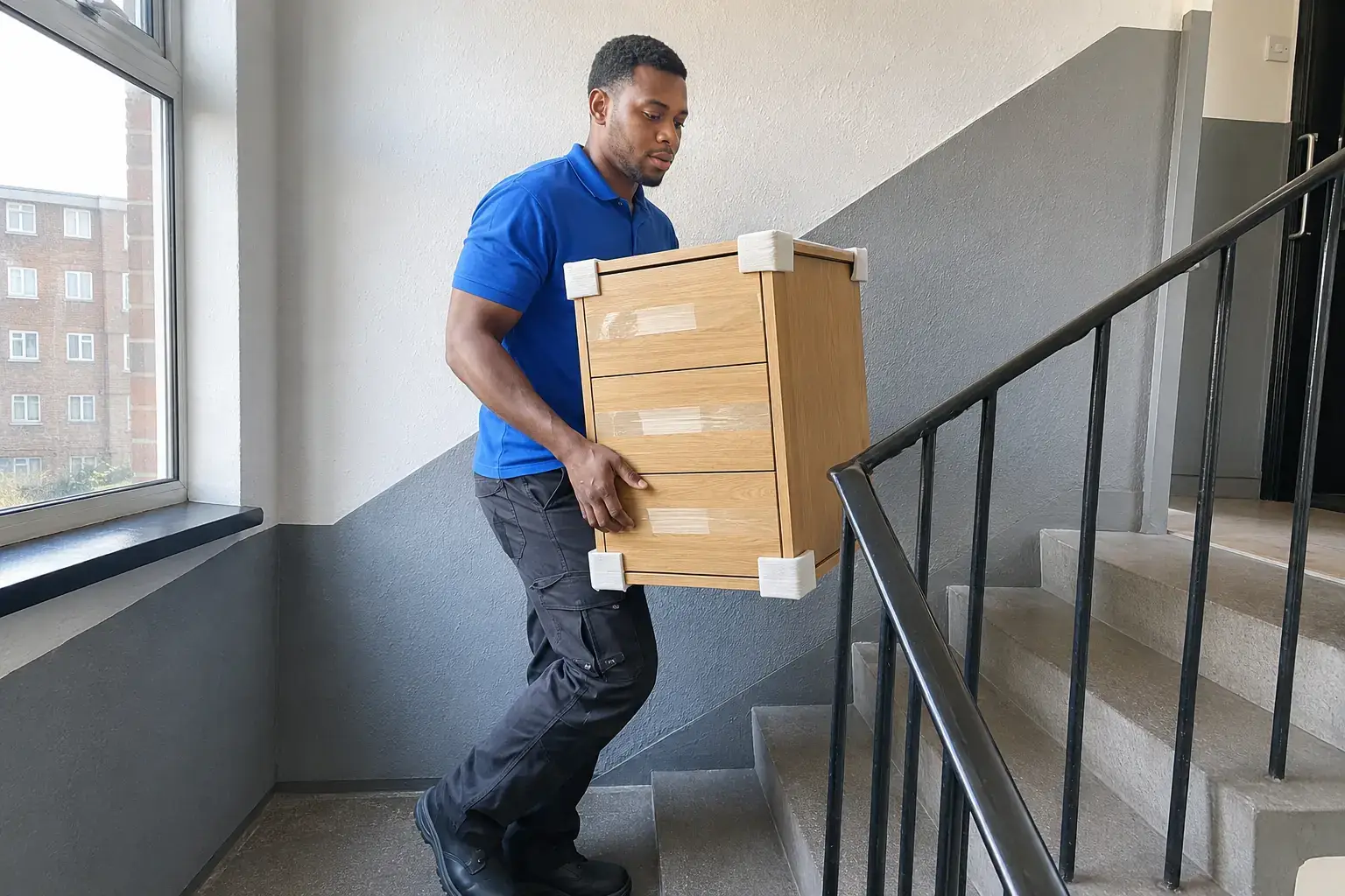 Single removal man carrying bedside cabinet upstairs in block