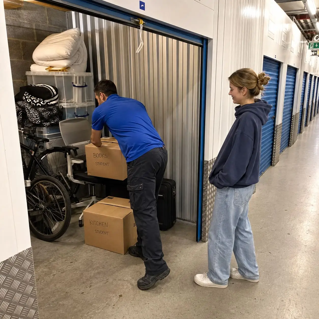 Student storage move with boxes placed inside secure unit
